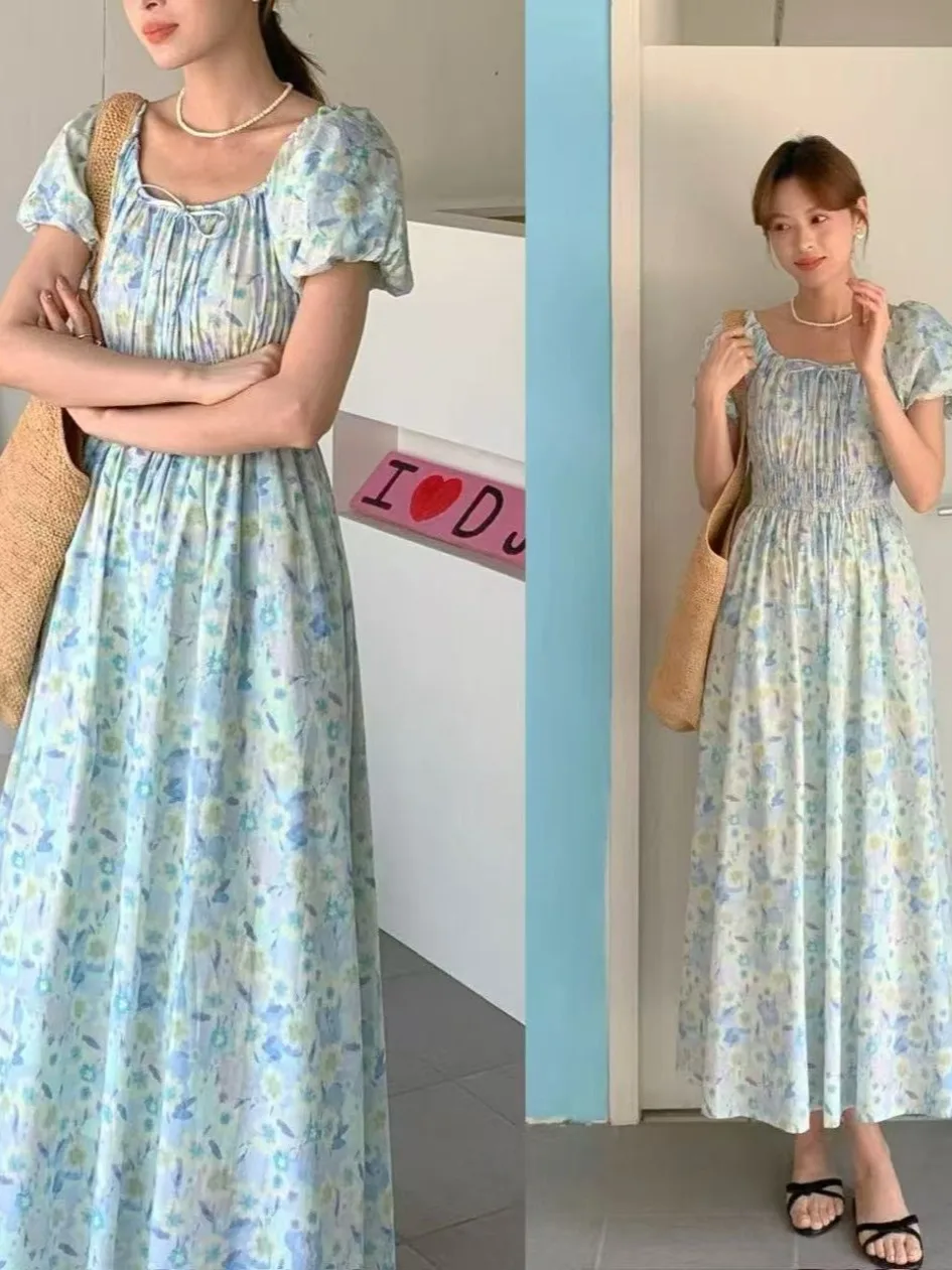 Retro Romantic Pleated Bubble Sve Dr Women's Summer New Waist-Cinching Slimming Tea Break Long Dr Commute Sle Squa...