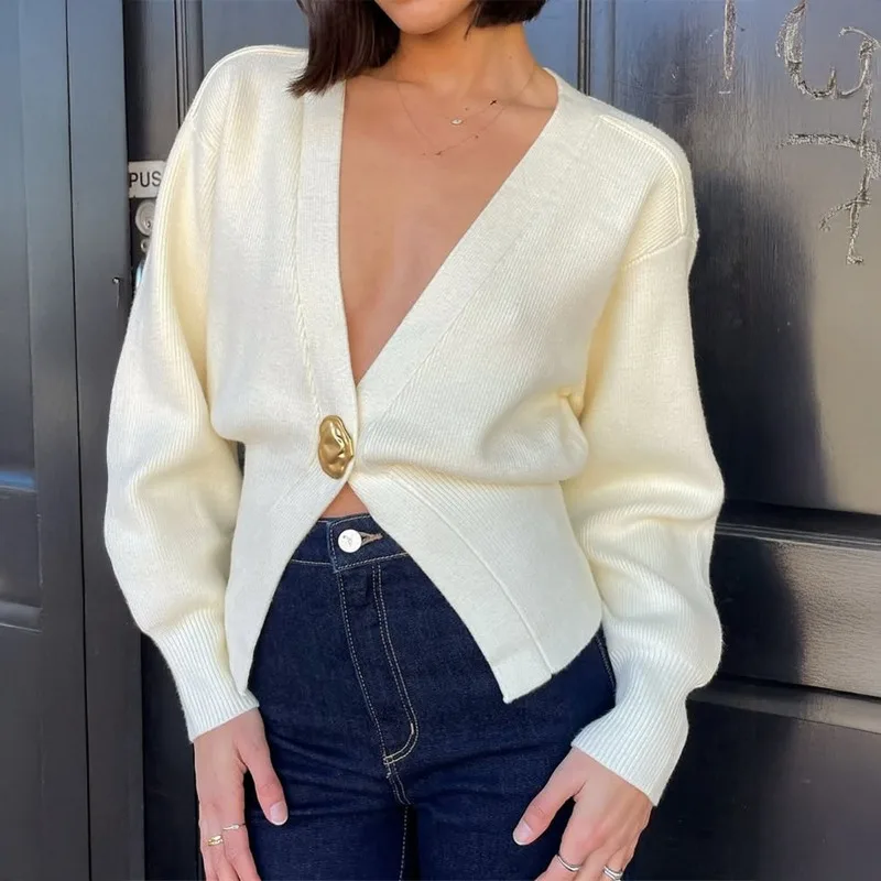 

Women's Autumn and Winter Casual Simple Style Deep V Advanced Versatile T-Shirts and Sweaters