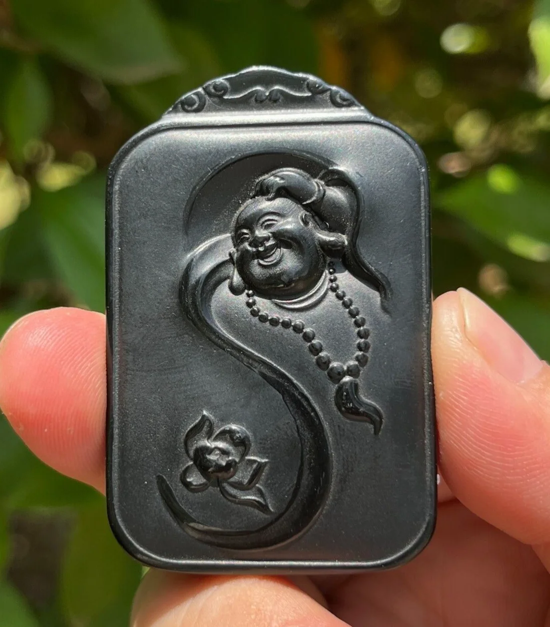 CERTIFIED 52g 100% NATURAL HOTAN BLACK JADE HAND CARVED Maitreya buddha PENDANT