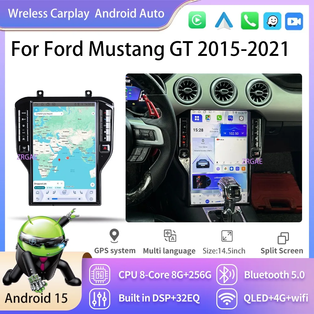 Android 15 QLED Touchscreen Stereo Speakers For Ford Mustang GT 2015-2021 Car RadioStereo Upgrade Tesla Style Carplay Screen GPS
