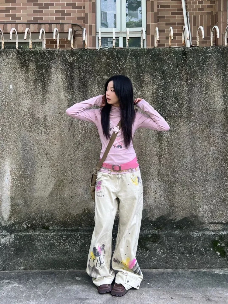 

American Vintage All-match Graffiti Denim Jeans Women High Waist Straight Loose Wide Leg Pants Grunge Punk Street Y2k Pantalones
