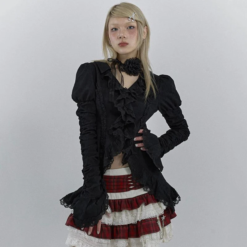 

Gothic Black Lace Shirt Women Y2K Korean Dark Academic Irregular Blouses Streetwear Grunge Flare Sleeve V Neck Patchwork Tops