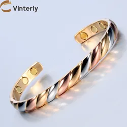 Vinterly Pure Copper Bracelets Magnetic Therapy Arthritis Adjustable High Magnets Rose Cuff 8mm Bangles Resizable Jewelry Women