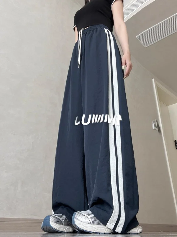 플러스 사이즈 퀵 드라이 아메리칸 스타일 스포츠 팬츠 여성 캐주얼 스트라이프 루즈 아이스 실크 와이드 레그 팬츠 하이 웨이스트 스트레이트 레그