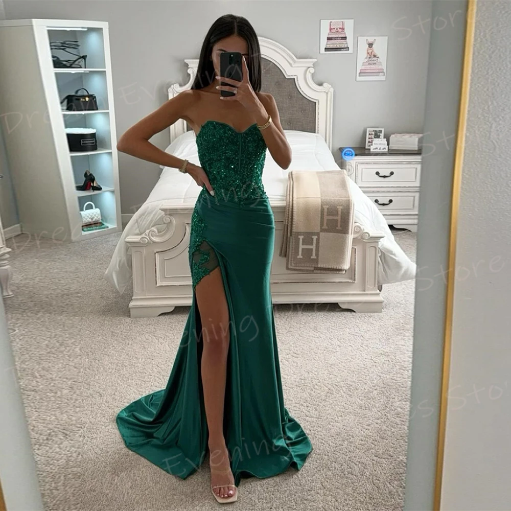 Modern Green Mermaid Graceful Women's Evening Dresses Sexy Strapless Prom Gowns Sleeveless Appliques Side Split Vestido De Noche