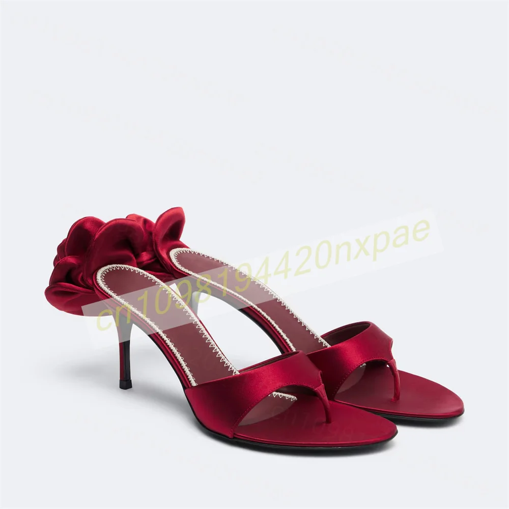 Women Red Satin Thong Mule Sandals Flower Decor Stiletto Heels Slip On Open Toe Slide Slippers Elegant Wedding Dress Shoes 46