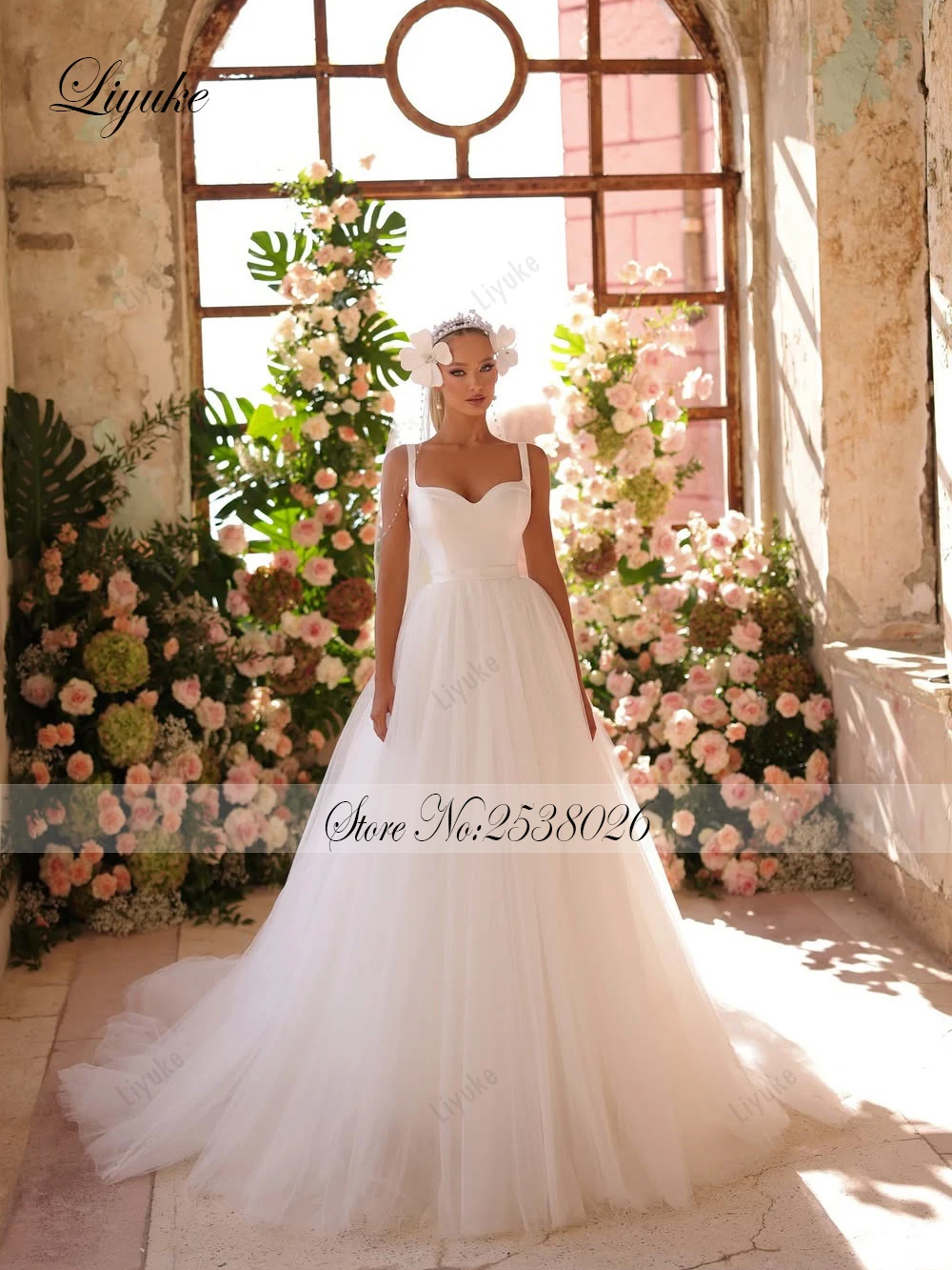 Liyuke Abiti da sposa a trapezio in morbido tulle su misura con spalline senza maniche eleganti abiti da sposa con scollo a cuore