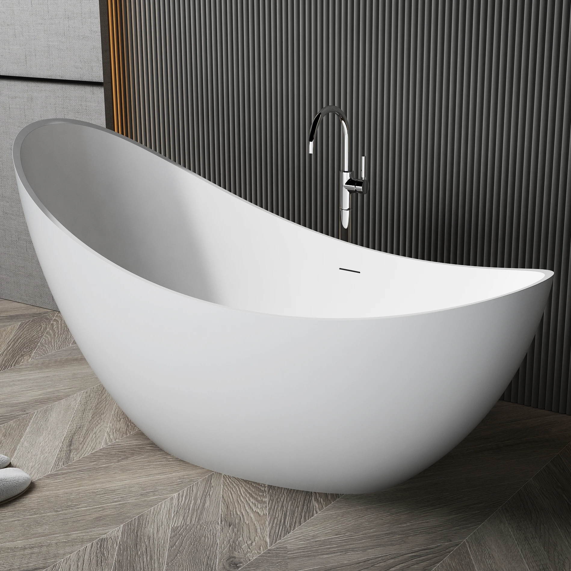 Popular Morden Art Bathtub Resin Stone Freestanding Soaking Bathtub Artificial Stone Matt White Modern Hotel Drainer Center 1.7m