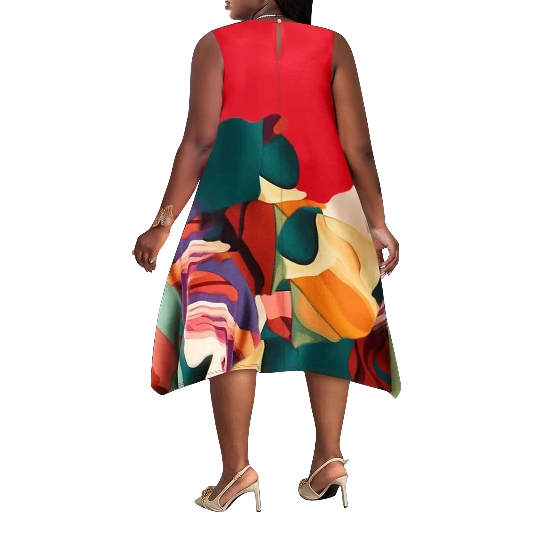 New Floral Printing A Line Fashion Plus Size Party Dress Autumn 2024 4XL 5XL Crew Neck Sleeveless Irregular Casual Dresses