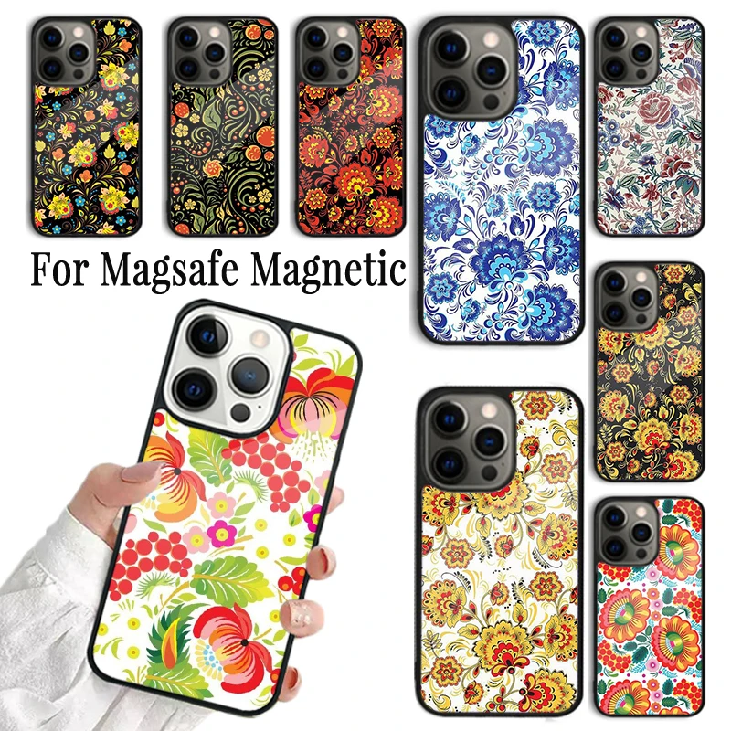 

Чехол для телефона для iPhone 16, 15, 14, 13, 12, 11 Pro Max Plus Magsafe, магнитный чехол для беспроводной зарядки, Хохлома, русский узор, цветок