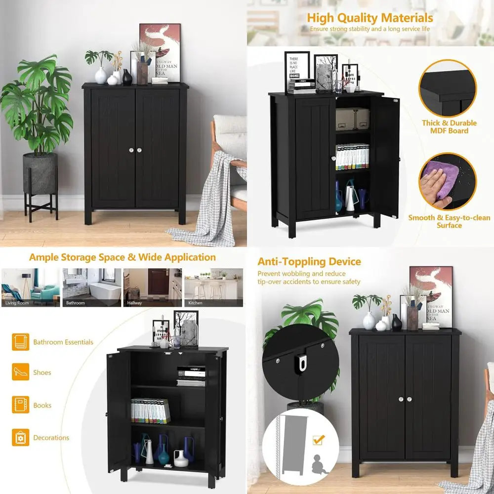 

Double Door 3-Tier Adjustable Shelving Wooden Storage Cabinet, 23.5 x 12 x 31.5, Black for Bathroom or Home Office