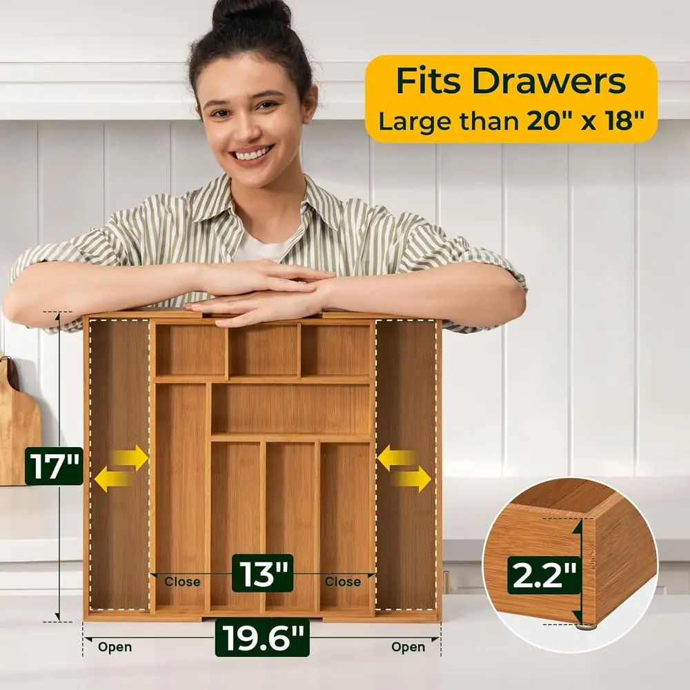 Organisateur de tiroir en bambou à 6 compartiments, 2,2 de profondeur pour ustensiles de cuisine, bureau, cosmétiques et plus encore avec base antidérapante