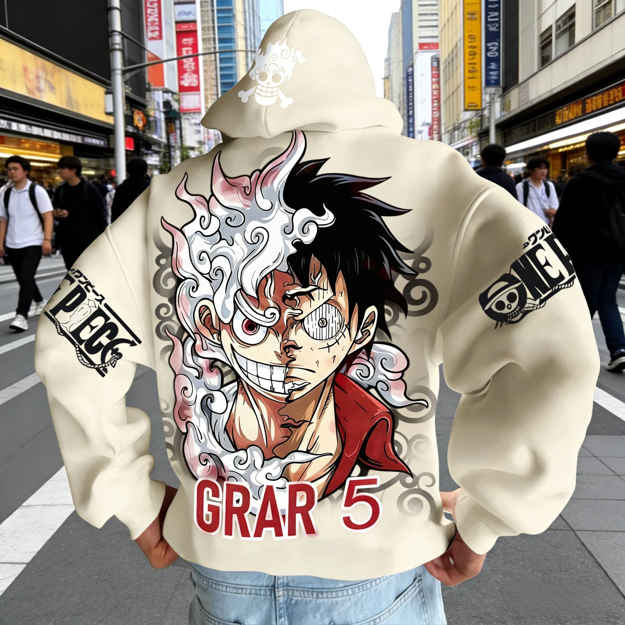 طقم سراويل لوفي بغطاء للرأس من قطعة واحدة مكون من قطعتين ملابس شارع كاجوال للرجال مع طباعة شخصية على الظهر والأكمام بدلة رياضية قطنية فضفاضة #3