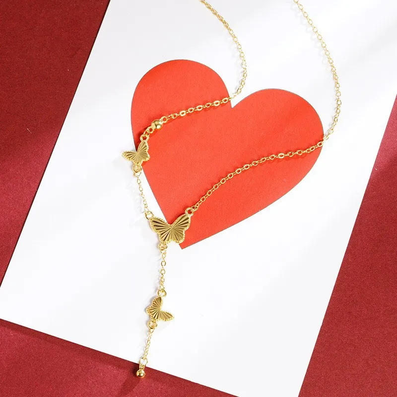 Vietnamese Gold Plated Four Leaf Clover Bracelet Non Fading Copper Fake Jewelry Butterfly Necklace Women Lucky Fortune Blessing