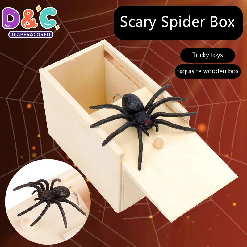 Simulation Spider With Wooden Box Kids Favors Tricky Prank Joke Toy Haunted House Horror Props Halloween Party Decor Supplies