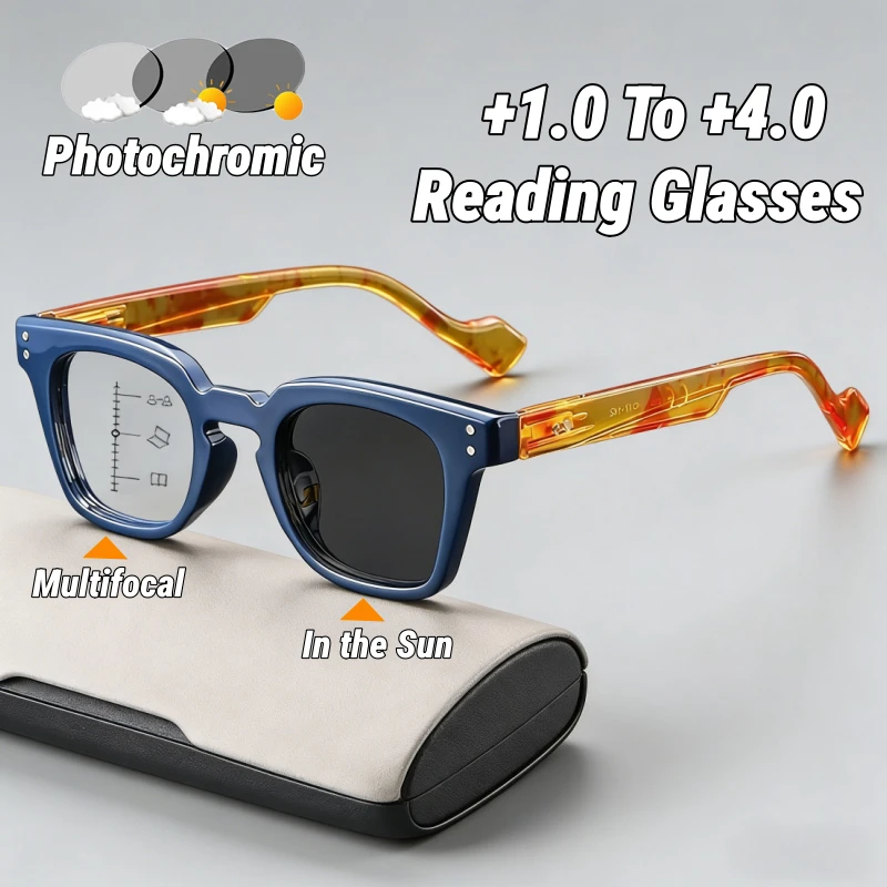 

Photochromic Multifocal Presbyopia Glasses Men's and Women's Retro Square-Frame Blue Light Blocking Turn Grey Reading Glasses