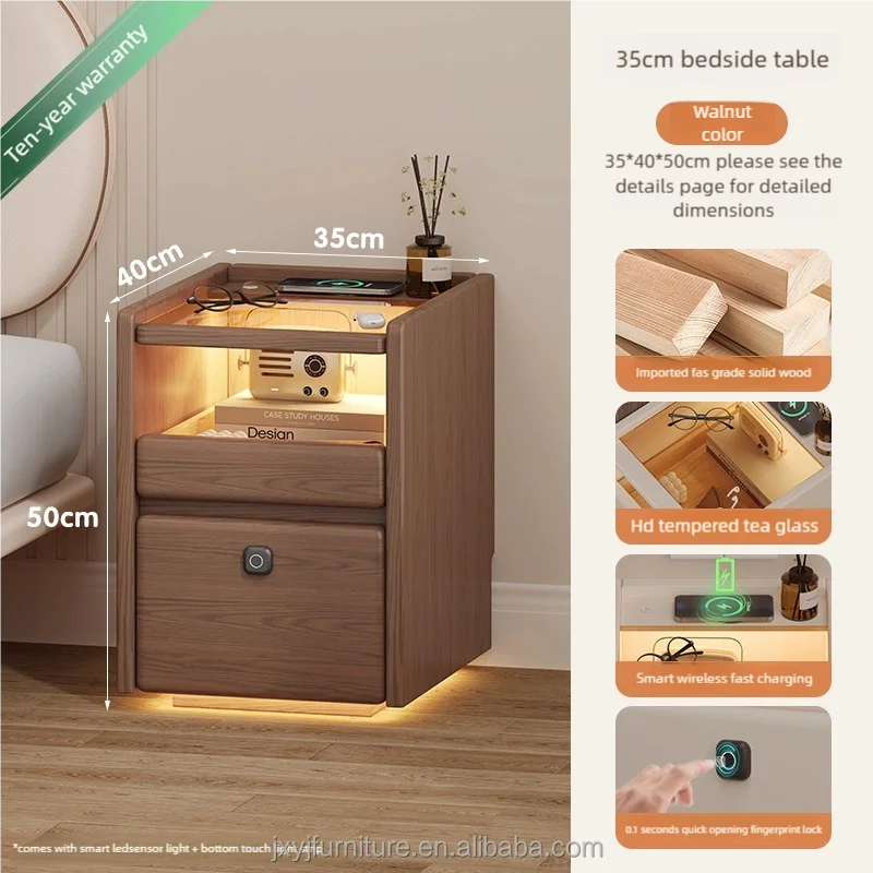 طاولة سرير ذكية لغرفة النوم، لاسلكية متعددة الوظائف، قفل بصمة الإصبع، خزانة بجانب السرير من الخشب الصلب #6