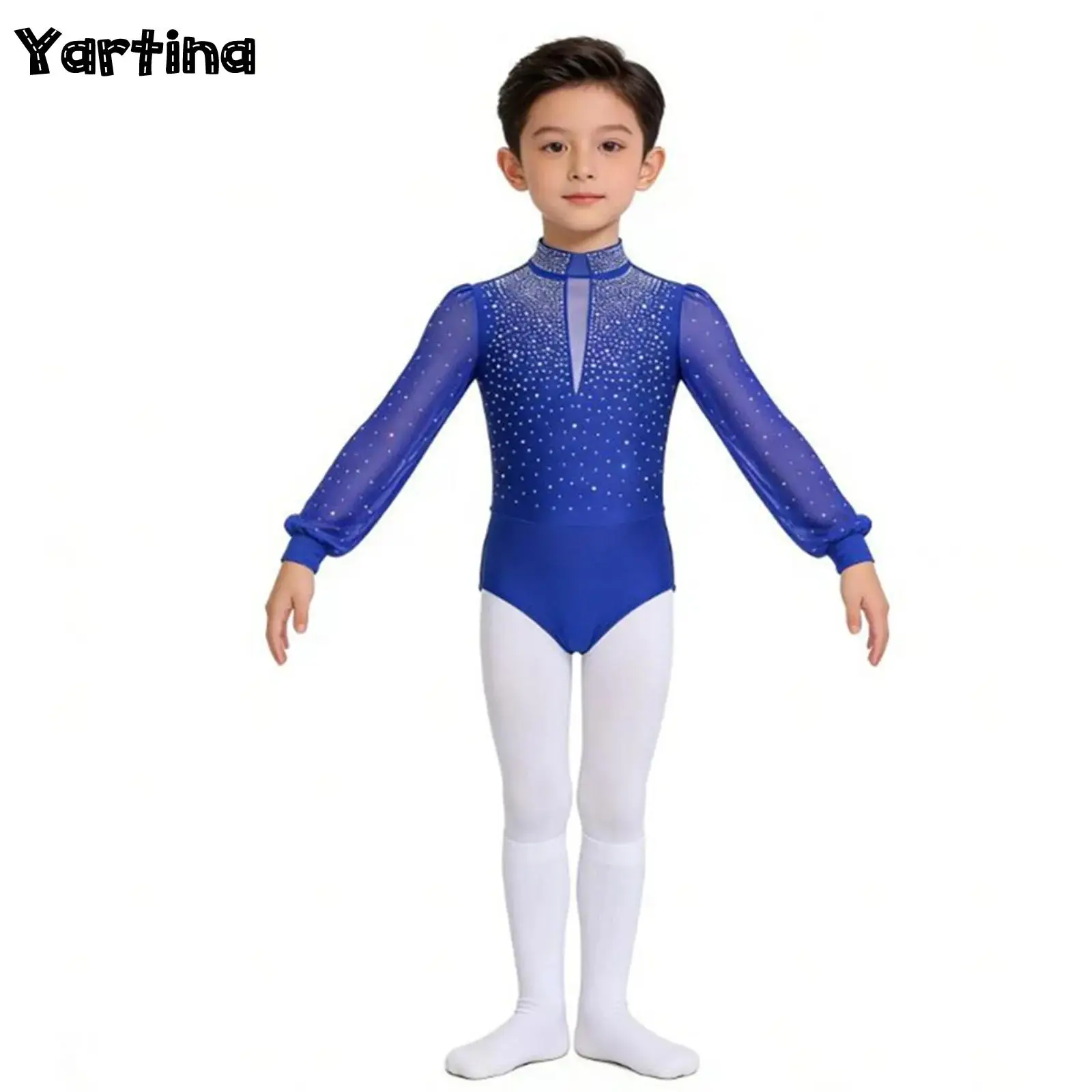 

Kids Boys Gymnastics Artistic Figure Skating Ballet Jersey Dance Costume Rhinestone Adorned Press Button Crotch Leotard Bodysuit