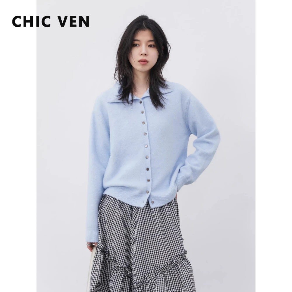 

CHIC VEN Women Cardigan Loose Casual Solid Minimalist Stand Up Collar Female Blue Knitted Sweater for Woman Spring Summer 2026