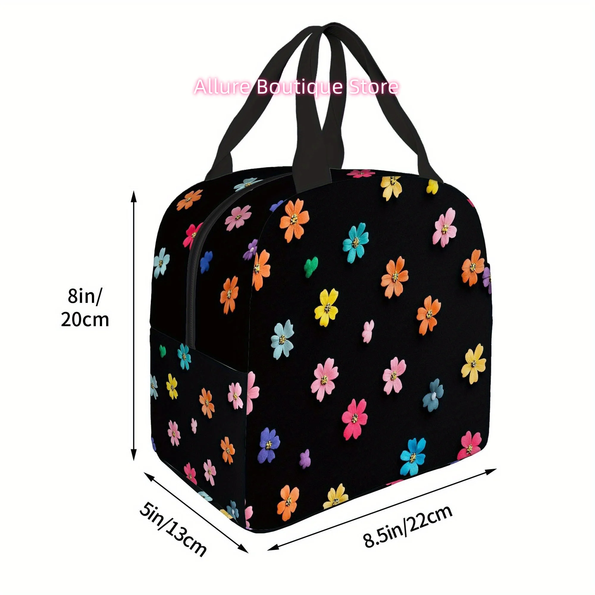 1pc, Vibrant Flowers Spread Across a Dark Backdrop. This Printed Thermal Bag Is Insulated And Not Meant for Direct Food Contact,