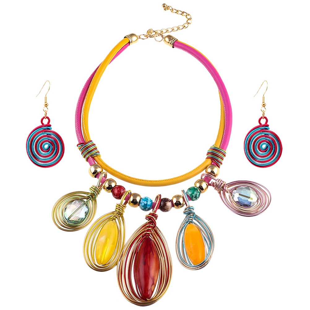 

Earrings Necklace Set Women Dangle African Jewelry Gift Charm Trendy Pu Rope Pendant Choker Safe Reliable Occasions Prom Party