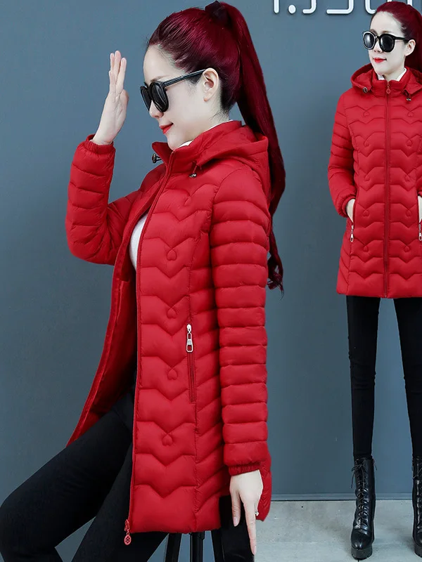 Faionable Slim Fit Lightweight down Cotton Jaet Women's Mid-Length Cute Padded Coat Autumn Winter Commute Sle Korean Ve...