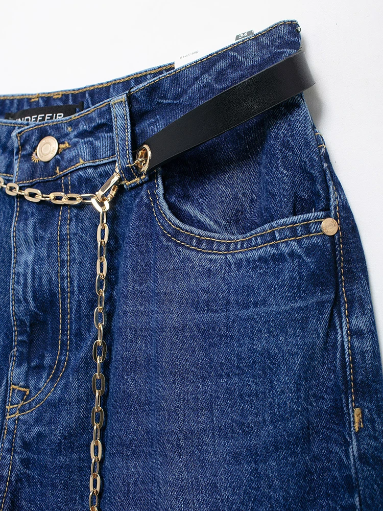 KUCLUT أزياء النساء مع حزام الدنيم الأزرق الجبهة زيبر السراويل المستقيمة الجينز خمر عالية الخصر كامل طول السراويل النسائية