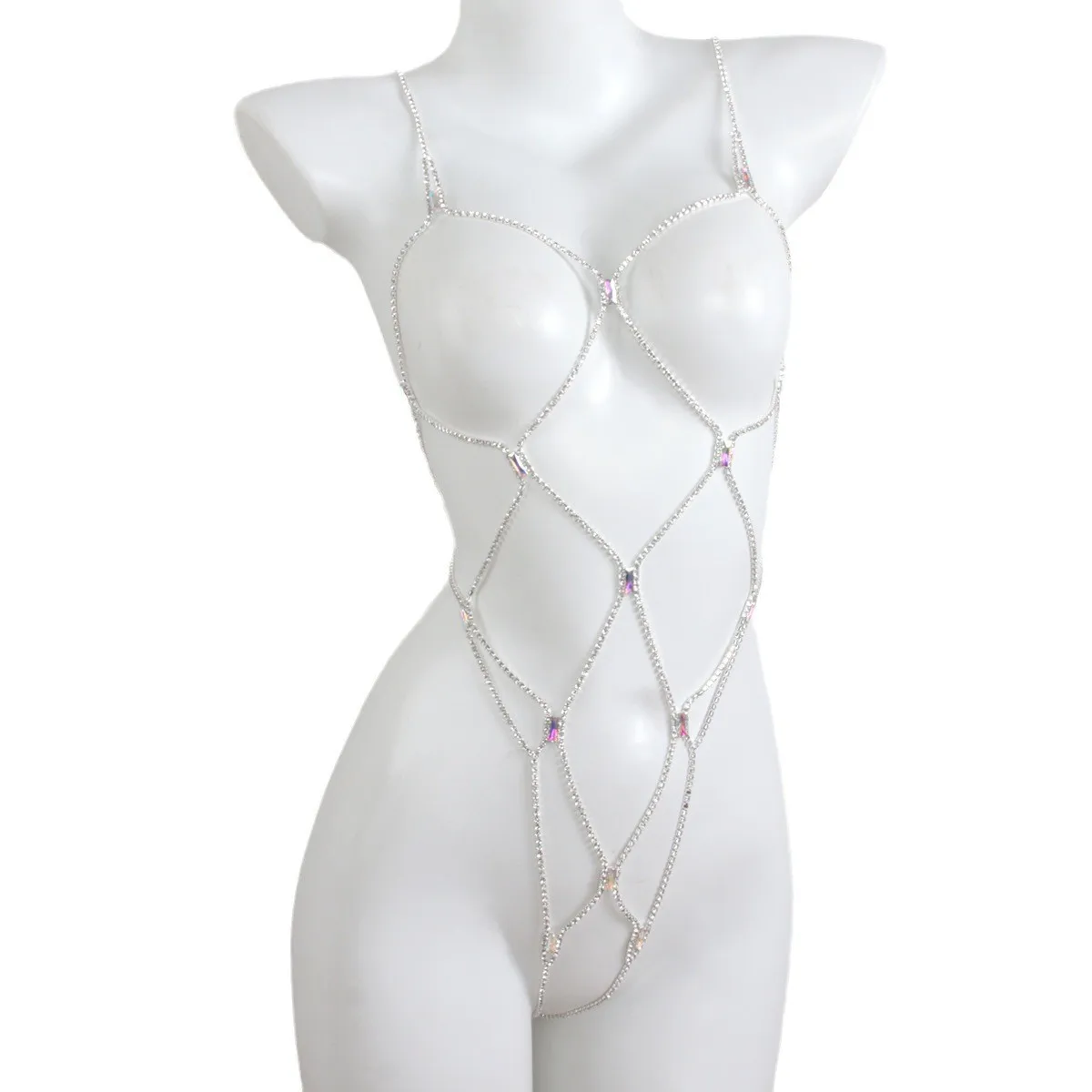 Rhinestone Body Cage Chain Iridescent Gem Mesh Harness Jewelry Sexy Festival Clubwear Swimsuit Accessory For Women Party