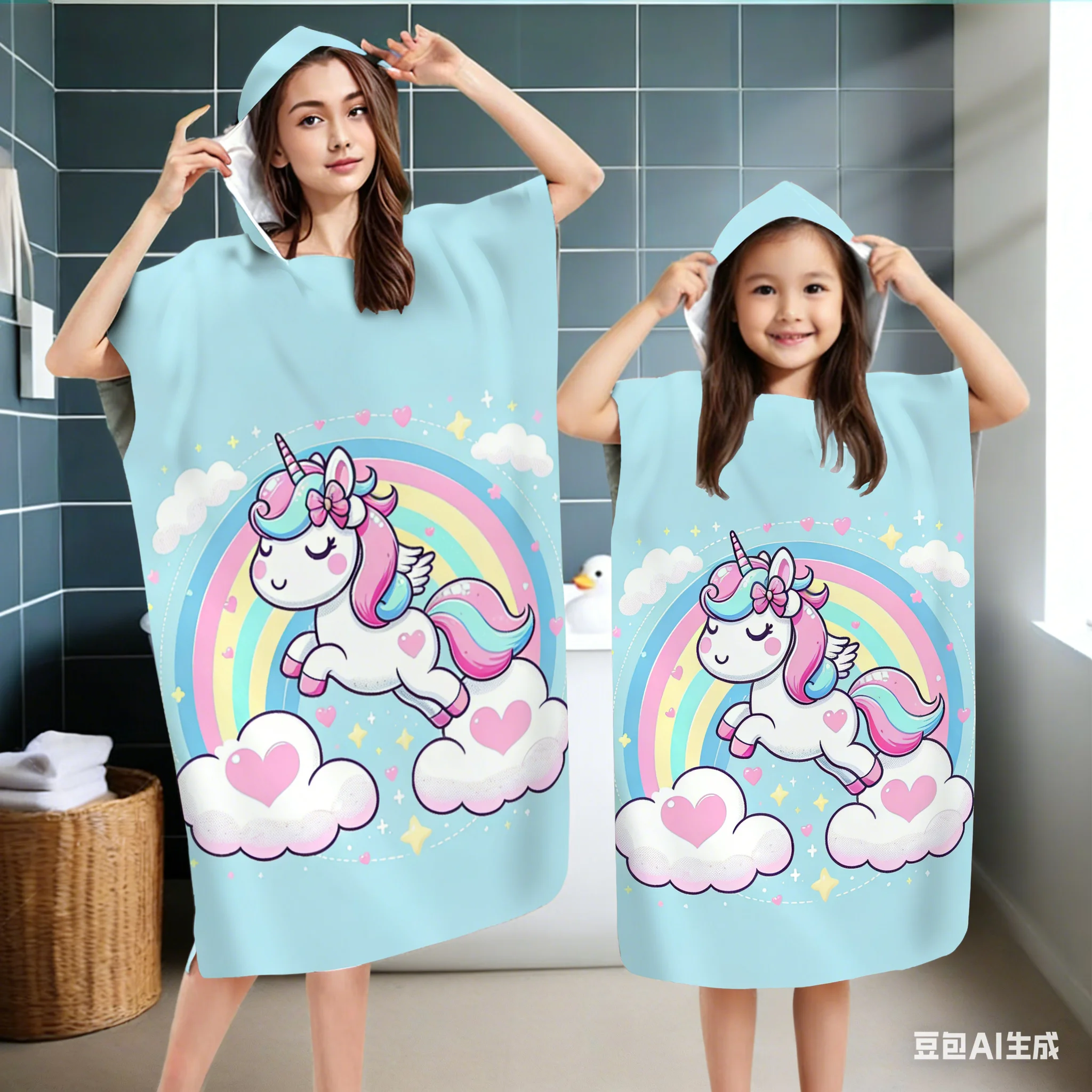 Cute Rainbow Unicorn Hooded Bath Robe for Women & Kids, Soft Absorbent Wearable Bath Towel for Shower Spa Beach