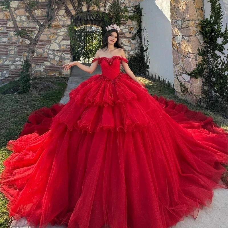 Red Sweetheart Quinceanera Dress Ball Gown Puffy Dress 16th Birthday Off The Shoulder Applique Beads Tull vestido de 15 años