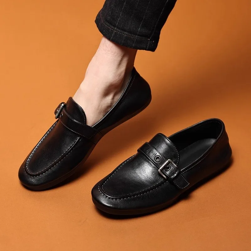 

High-end Washed Genuine Leather Loafers Men's Shoes Slip on Fashion Trendy Casual Dress Work Leather Shoes Male Flats