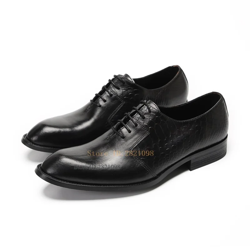 

Pure Black Crocodile Pattern Leather Lace Up Male Flats Men Business Dancing Dress Shoes Round Toe Outdoor Shoes