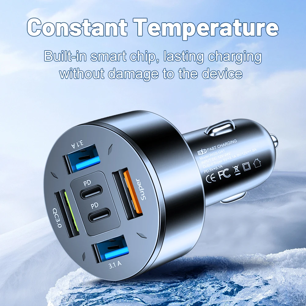 66W Dual PD 6-port Universal Super Fast Charging Conversion Plug Multi-function Mobile Phone Car Charger 4USB Car Charger