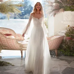 Graceful Popular A Line Women's Wedding Dresses Classic Appliques Lace Bride Gowns Modern Long Flare Sleeve Vestidos De Novia