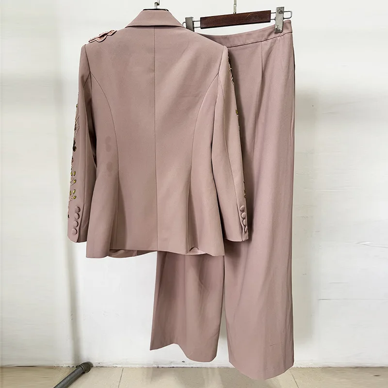 European American fashion heavy beaded 3D flower jacket coat wide-leg pants suit two-piece set ropa mujer pant sets TRAF