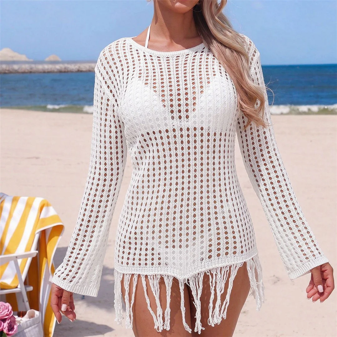 Langärmliges, einfarbiges, gehäkeltes, gestricktes Tunika-Strandkleid mit Quasten, Strandkleid, Strandmode, Damen V8515 – Detail 6