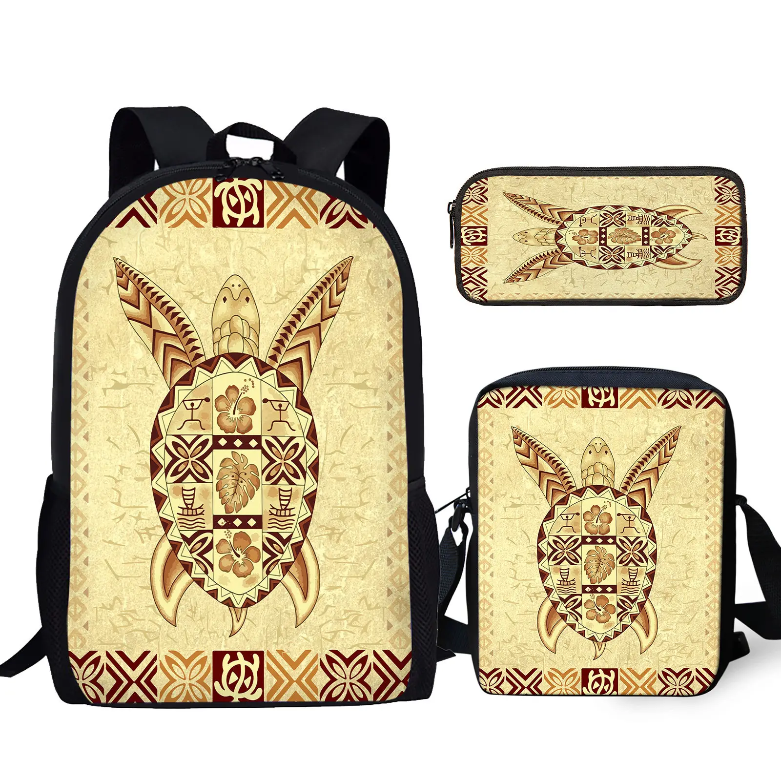 3Pcs Polynesian Sea Turtle Print Student School Bag Set Boys Girls Campus Casual Storage Backpack with Lunch Bag Pencil Bag