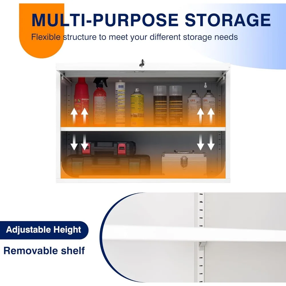 Metal Wall Cabinet with Doors and Shelves - Floating Storage Unit for Garage or Basement, White, 21.6 Inches Tall