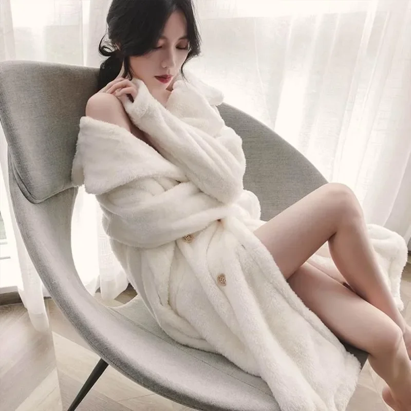 Long Style Thickening Type Bathrobe Female Fall and Winter Style Flannel Bathrobe Warm Wintertime Night Gown Female Coral Fleece