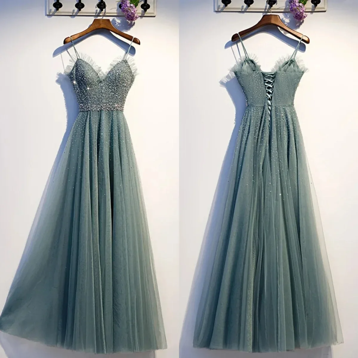 

Evening Dress Green Tulle Beads Sgaphetti Straps A-line Floor length Plus size Robe De Soiree Vestidos Women Party Formal Gowns