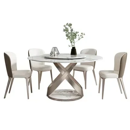 &Round Rock Plate Tables Dining Table Rose Gold Brushed Stainless Steel Rotary Sintered Stone Hotel Mesa De Comedor Marble White