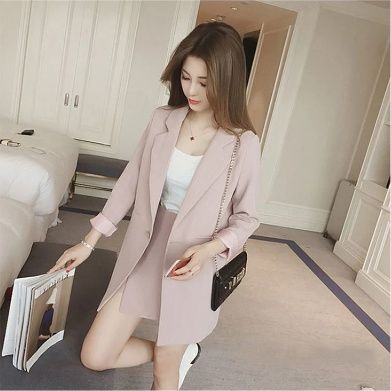 Black Two Piece Set for Women Suit with Skirt and Blazer Pink 2024 Office Long Sleeve Womens Short 2 Sets Outfit Summer Mini Hot