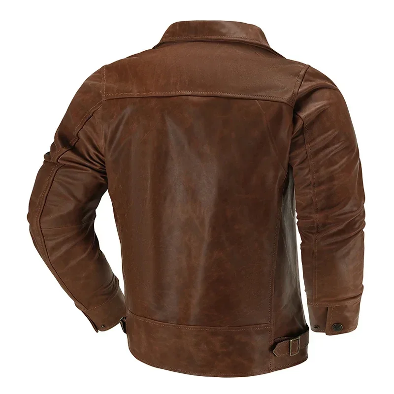 First Layer Cowhide Waxed Leather Tuxedo Motorcycle Jacket Men's Biker Slim Lapel Short Coat