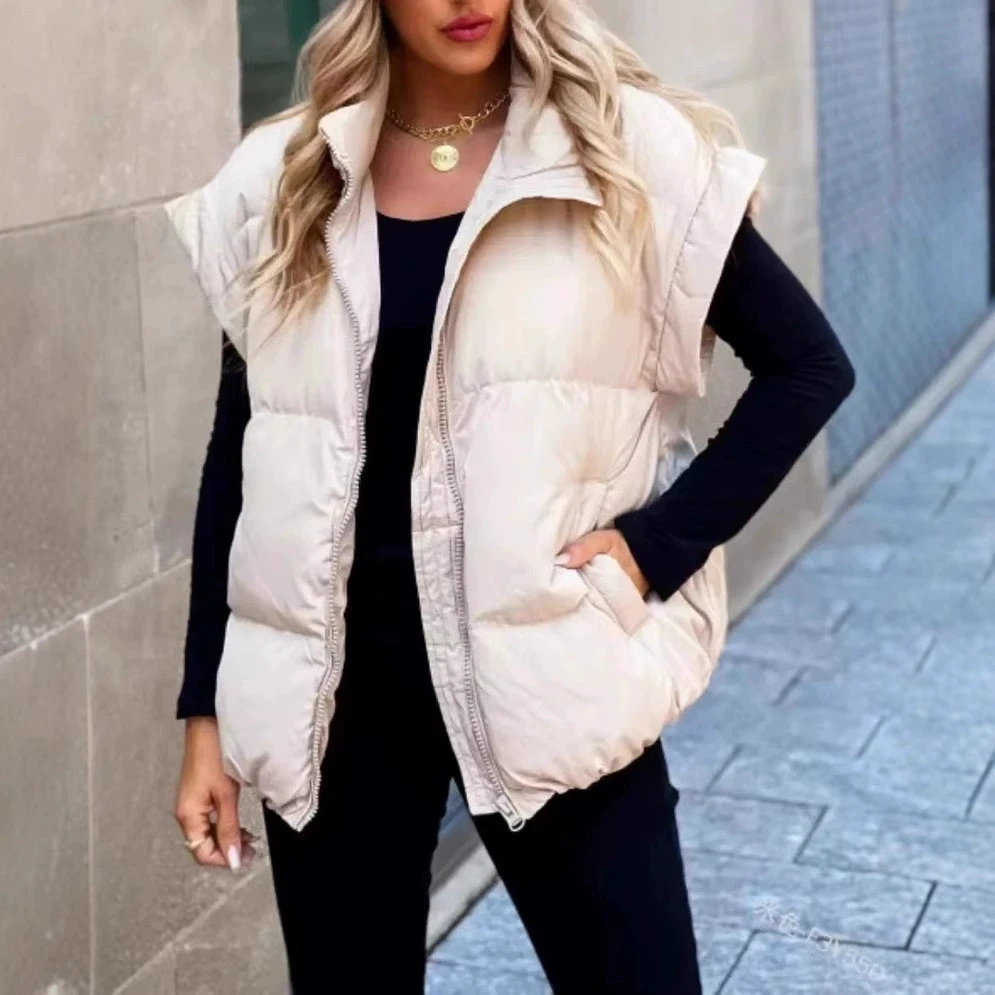 2025 nouveau femmes couleur unie fermeture éclair poche coton gilet mode col montant sans manches gilet veste femmes automne hiver gilet