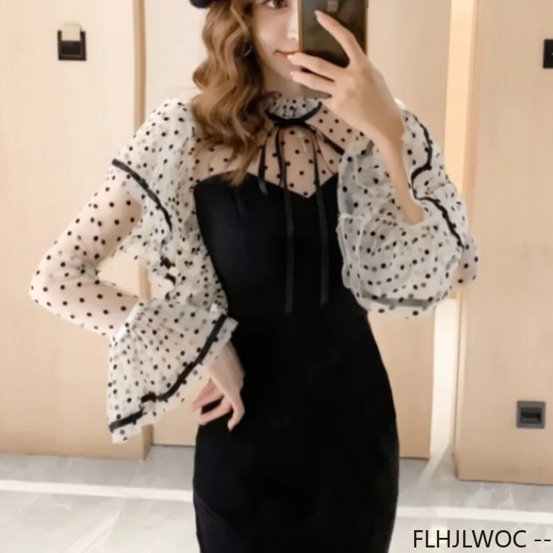 Französisch Design Bleistift Knielangen Bleistift Kleider Neue Mode Elegante Frau Romantische Rüschen Patchwork Flare Hülse Hemd Kleid