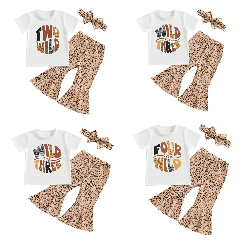 

2023-02-10 Lioraitiin 0-5Years Kids Girls 3Pcs Outfits Letter Print Short Sleeve T-shirt Leopard Print Flare Pants Headbands Set