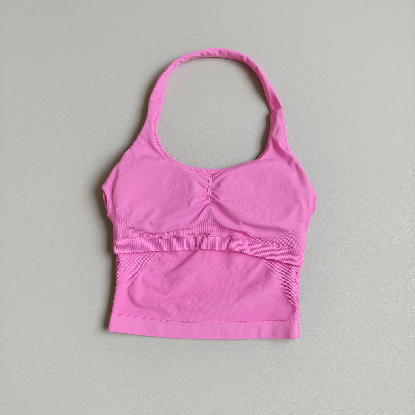 2-teiliges Damen-Sportset, Rückenfreies Neckholder-Top, Hochgeschnittene Nahtlose Dehnbare BHs, Shorts-Anzug, Fitness-Set, Workout-Bekleidung – Detail 5