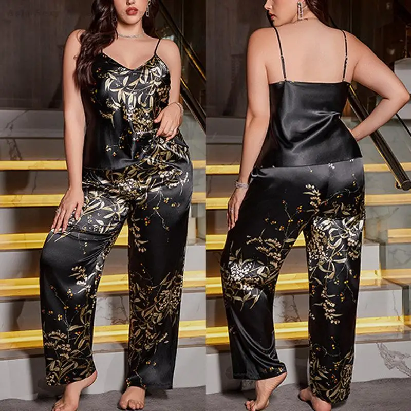 

Плюс размер 5XL, одежда для сна с вишневым принтом, топ и брюки, пижамный комплект, шелковая атласная домашняя одежда, новая летняя повседневная ночная рубашка, домашняя одежда