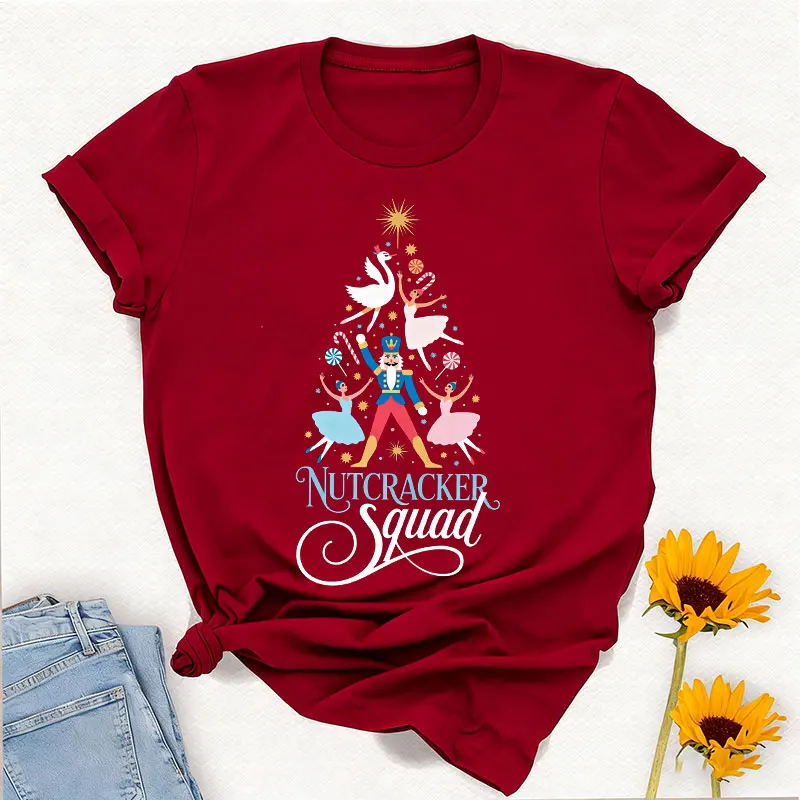 Merry Christmas Nutcracker Squad Christmas Tree Shirt: Holiday Ballet Tee Crewneck Casual Style  All-match Printed T-shirt Tops