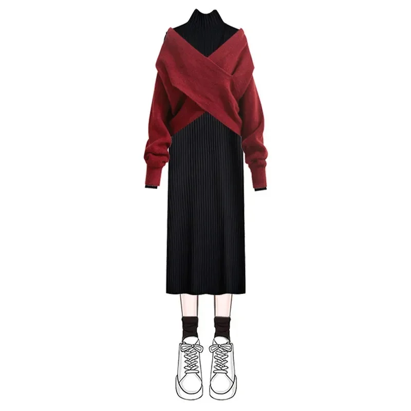 Large Plus Autumn Dress Set Women Slim Red Criss-cross Sweater Pullover+High Neck Medium Length Knitted Skirt Two Piece Set